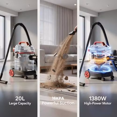 Alivio 20L Wet and Dry Vacuum Cleaner with 1200W Motor and HEPA 13 Filtration, Red – 3
