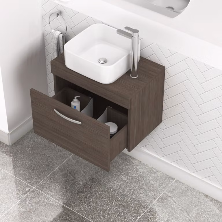 Royal Bathrooms Elena Wall Hung Vanity Unit with 1 Drawer and Countertop Basin in Grey Elm and White