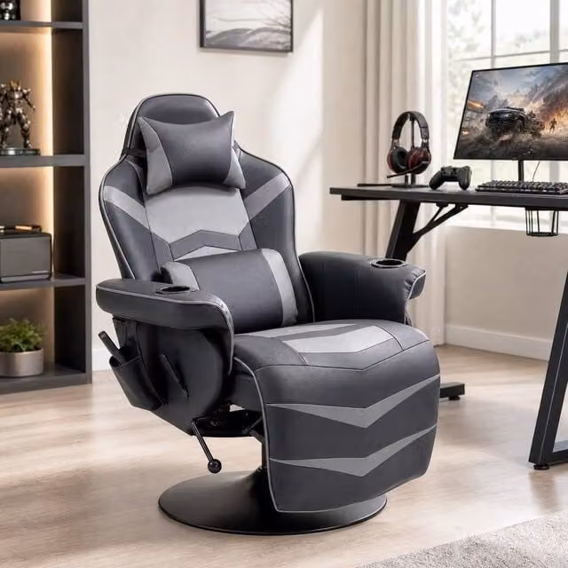 STILVORA Grey Synthetic Leather Massage Recliner Armchair with 360 Degree Swivel Base and Cup Holders – 1