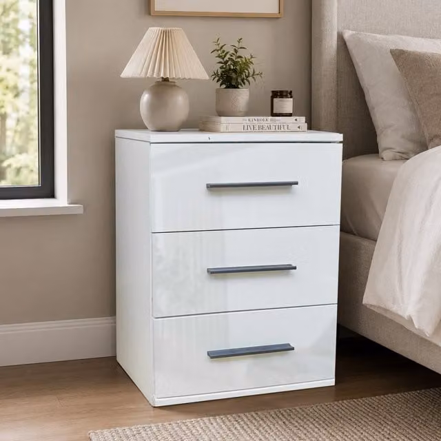 KDMD Modern Glossy White 3 Drawer Bedside Cabinet