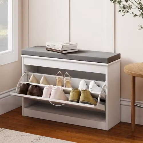 Levede Modern Shoe Storage Bench with Grey Fabric Cushion and Adjustable Shelves, W/D/H: 60 x 24 x 51 cm – 1