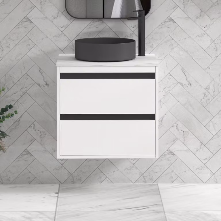 Royal Bathrooms Orion 600mm Matt White Wall Hung 2 Drawer Vanity Unit with Art Round Basin and Black Accent Trim