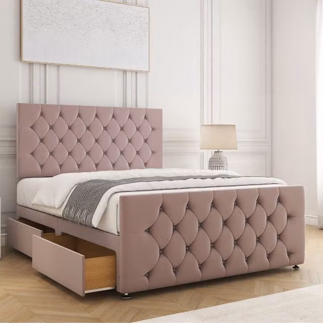 BSSPOKE Maya Plush Velvet Double Divan Bed with 24 inch Headboard, 2 Drawers on Same Side and Mattress in Pink, W/D/H: 140 x 200 cm