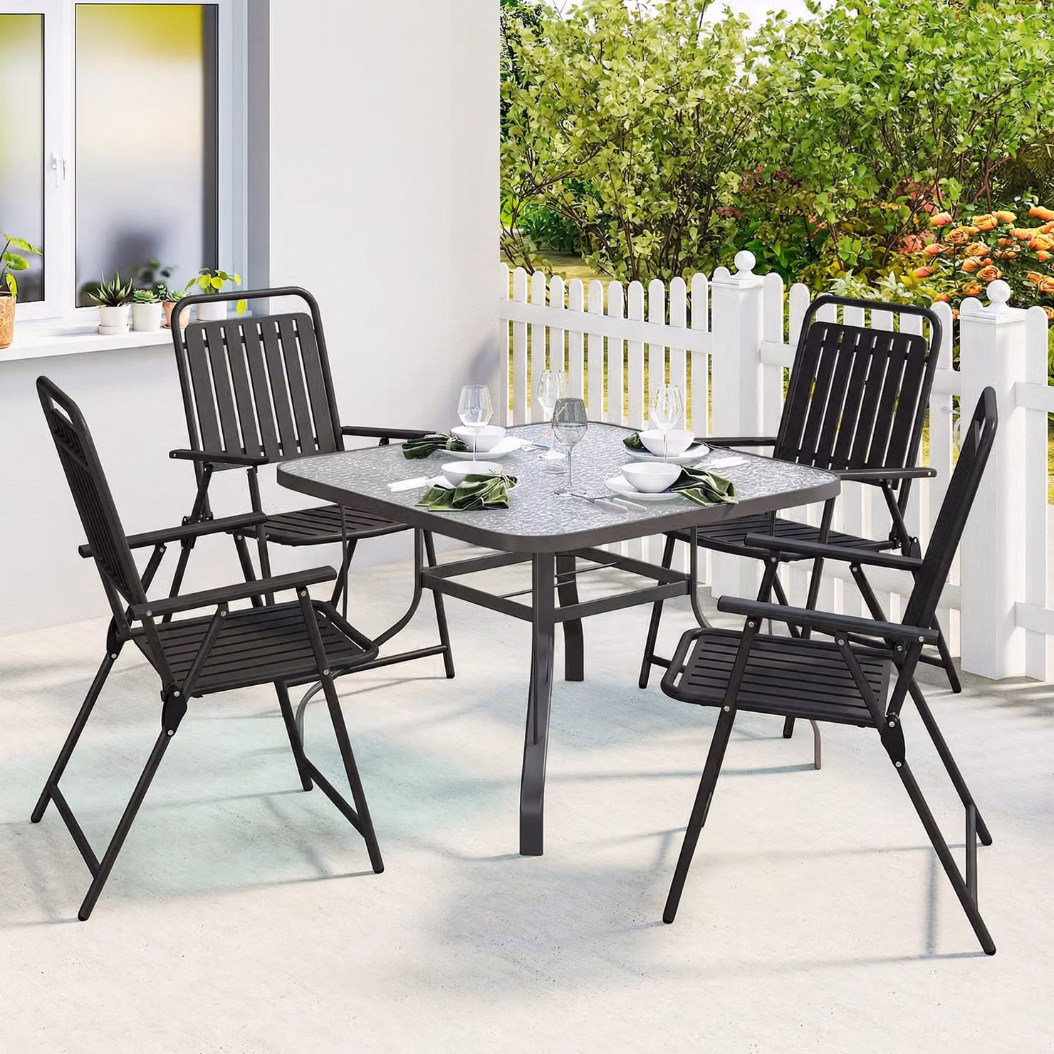 Outsunny Set of 4 Black Folding Garden Dining Chairs with Armrests and Plastic Slatted Seats – 7