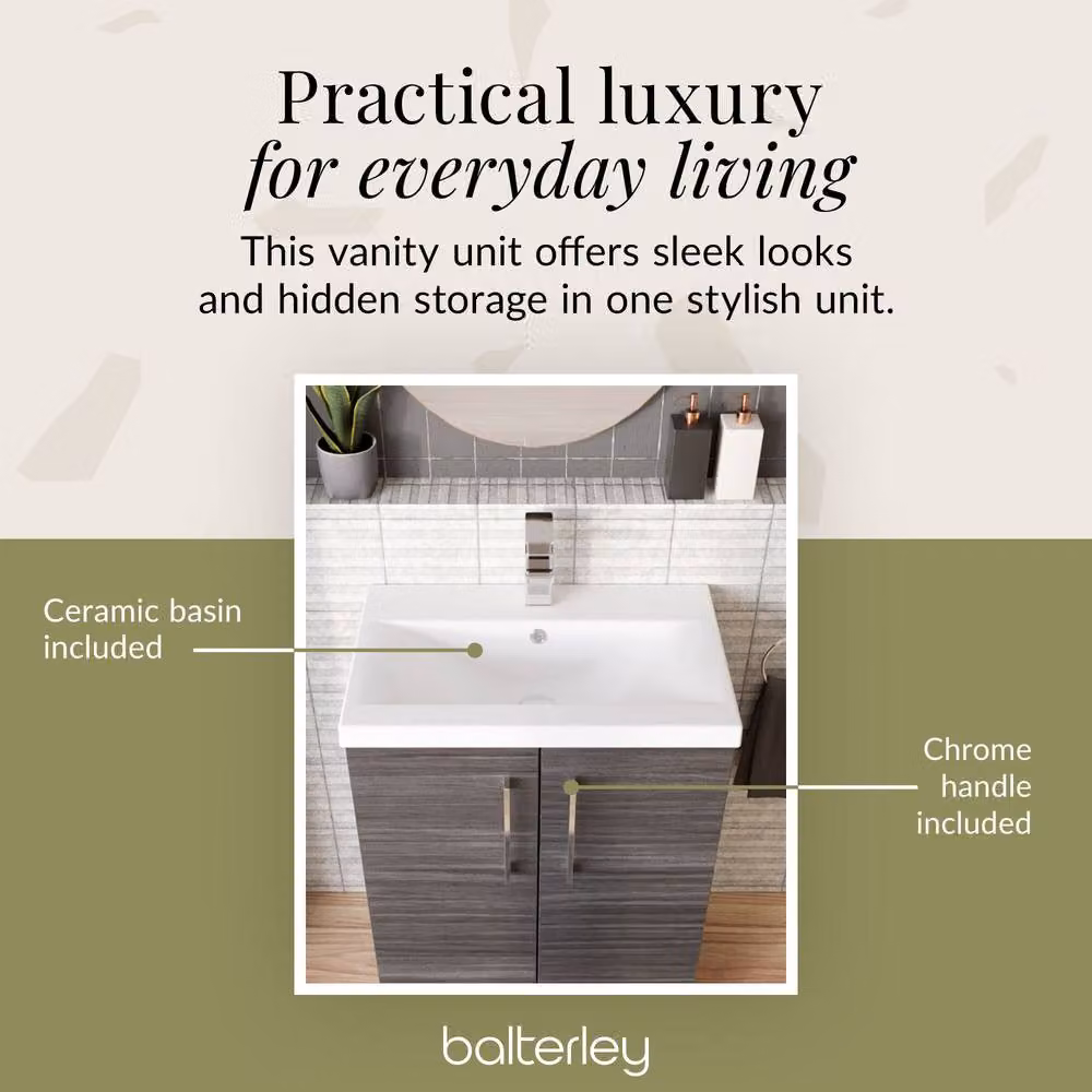 Balterley Contemporary Floor Standing Bathroom Vanity Unit with Mid-Edge Ceramic Basin, Anthracite Woodgrain Grey, W/D/H: 61 x 39 x 84 cm – 3