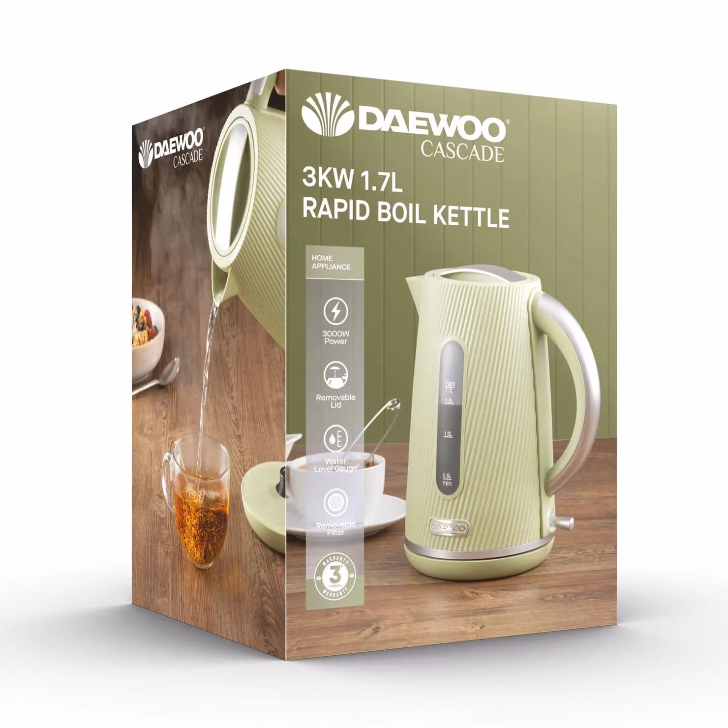 Daewoo Cascade 3000W Fast Boil Electric Kettle in Pale Green Matt Finish – 2