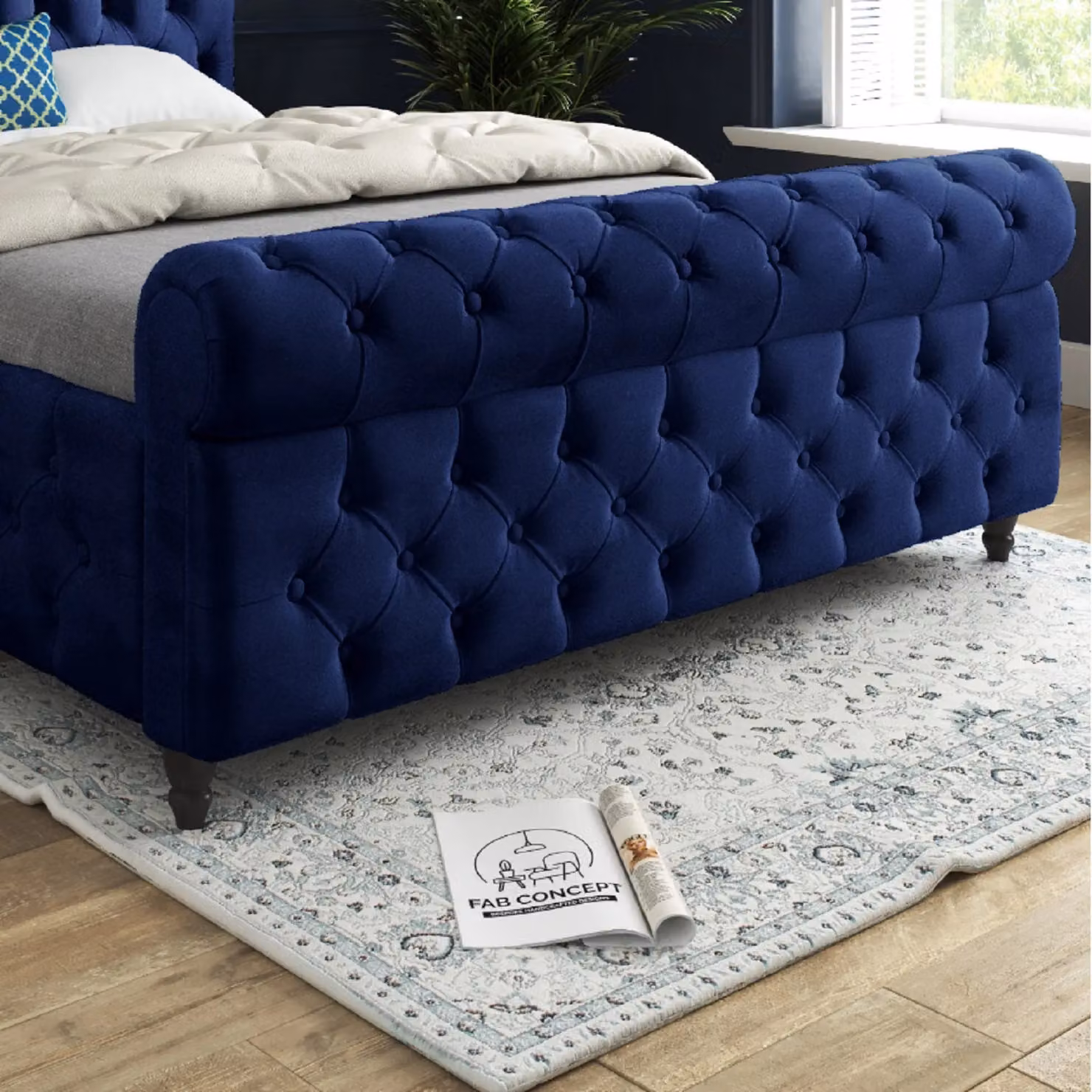 Casani Savana Sleigh Upholstered Soft Velvet Bed Frame in Blue, W/D/H: 120 x 200 cm – 3
