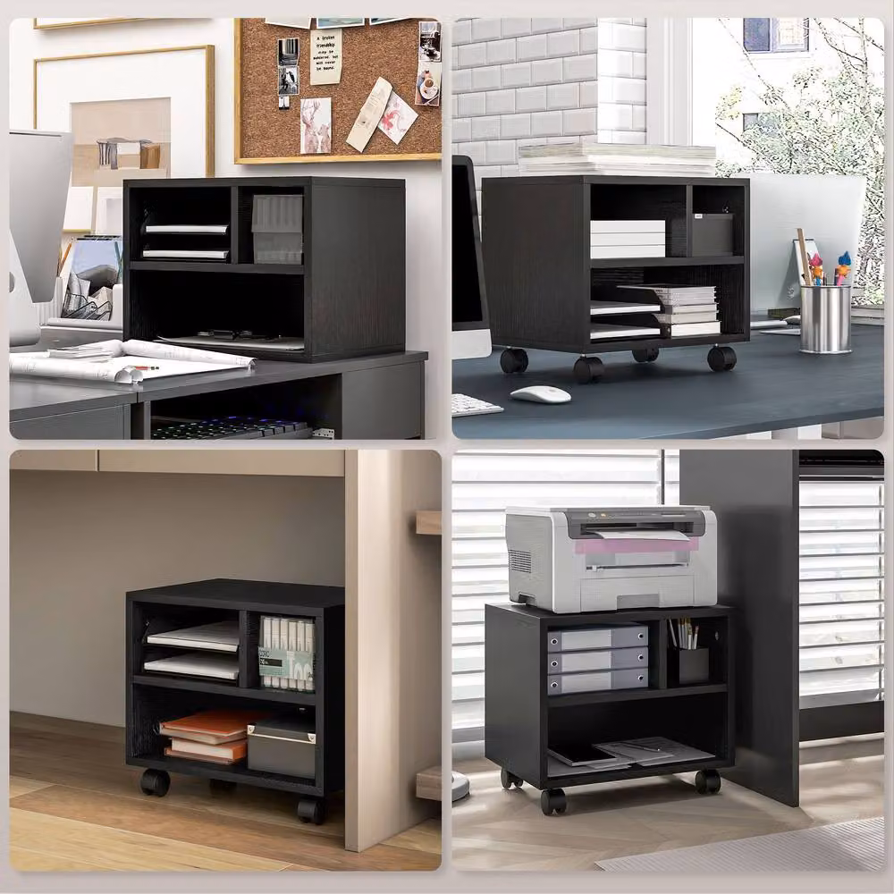 STILVORA Black Matt Printer Stand with 3 Compartments and Castors – 6