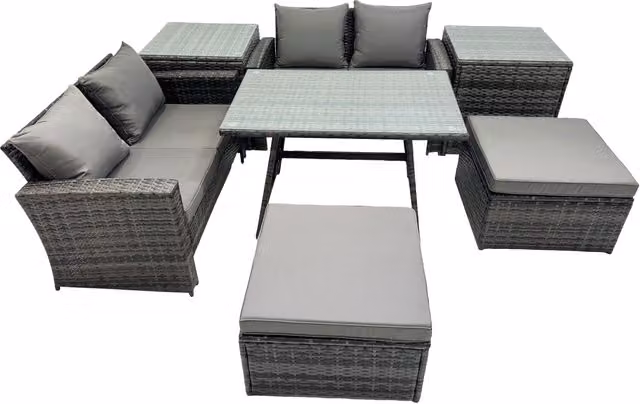 Fimous 6 Seater Outdoor Furniture Set in Dark Grey with Double Seat Sofa, 2 Big Stools, 2 Side Tables and Glass Top Table – 1
