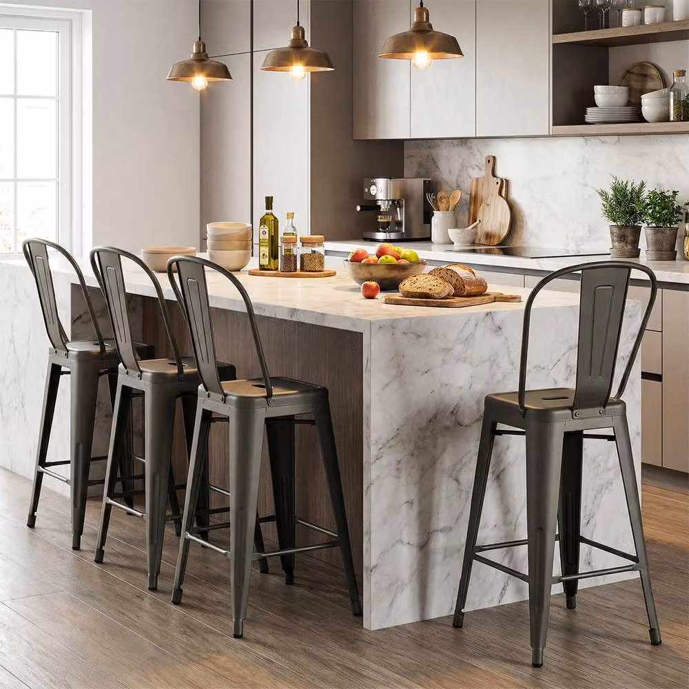Costway Modern Grey Metal Counter Height Barstools with Backrests and Footrests – 4