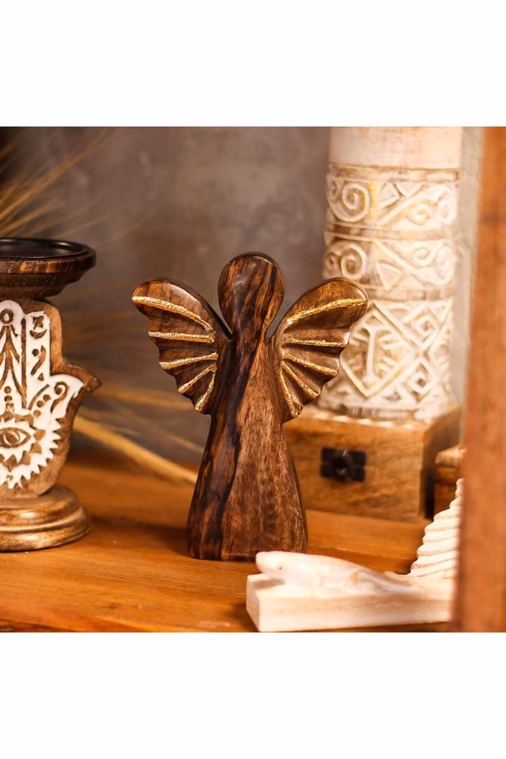 KDMD Large Hand-Carved Mango Wood Angel Tabletop Decor with Gold Wings in Brown – 3