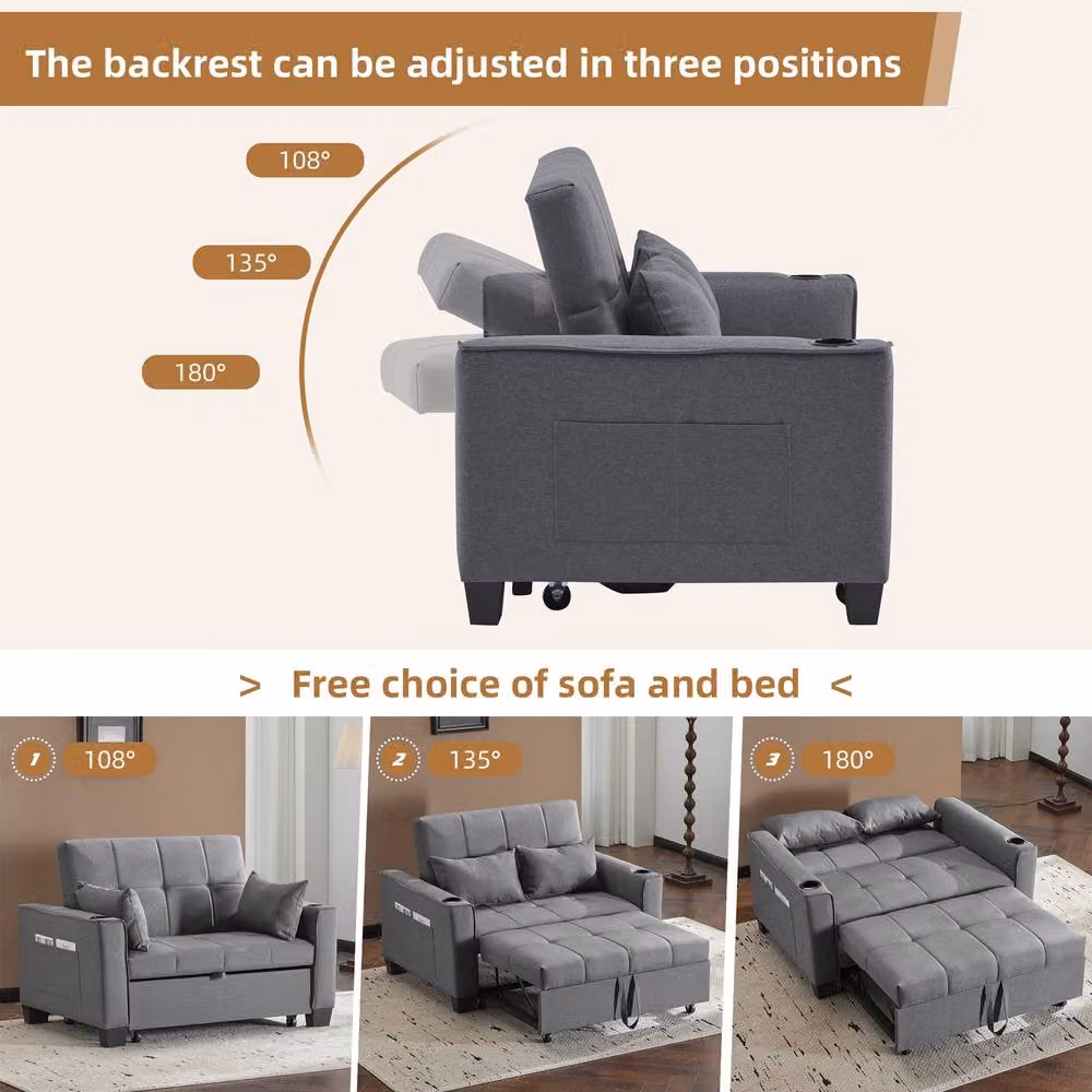 BTM Two Seater Fabric Sofa Bed in Grey with Cup Holders and Pull Out Design – 4