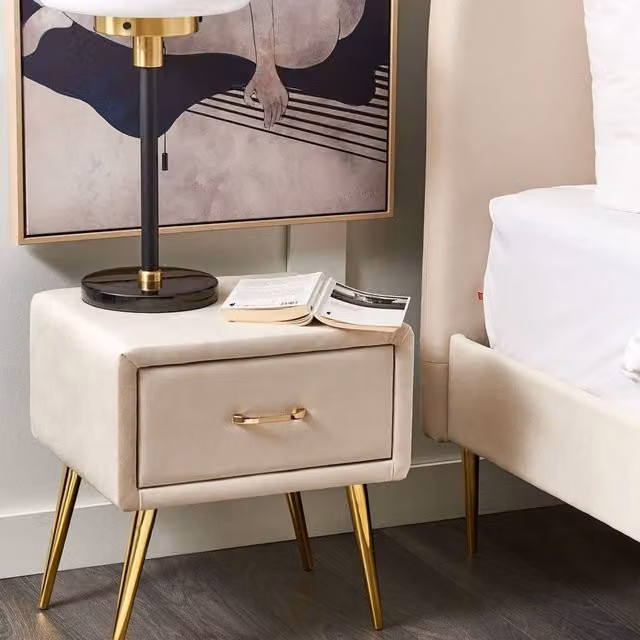 Wyld and Coco Beige Minimalist Bedside Table with Gold Metal and Glass Details – 1