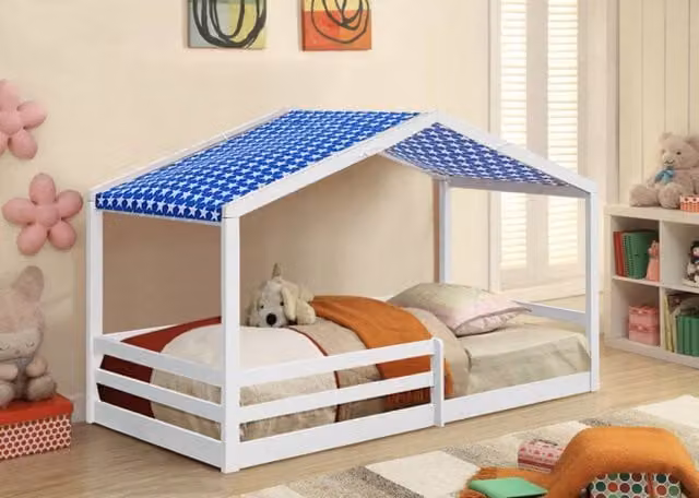 Comfy Living Ltd Single Wooden House Bed with Blue Tent in White and Grey, W/D/H: 90 x 200 cm – 1
