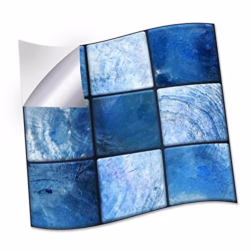 WALPLUS 24-Piece Blue and Black Mother of Pearl Mosaic Wall Tile Sticker Set, Glossy Aluminium Film Peel and Stick Backsplash Decals for Kitchen and Bathroom, W/D/H: 15 x 15 x 0.54 cm