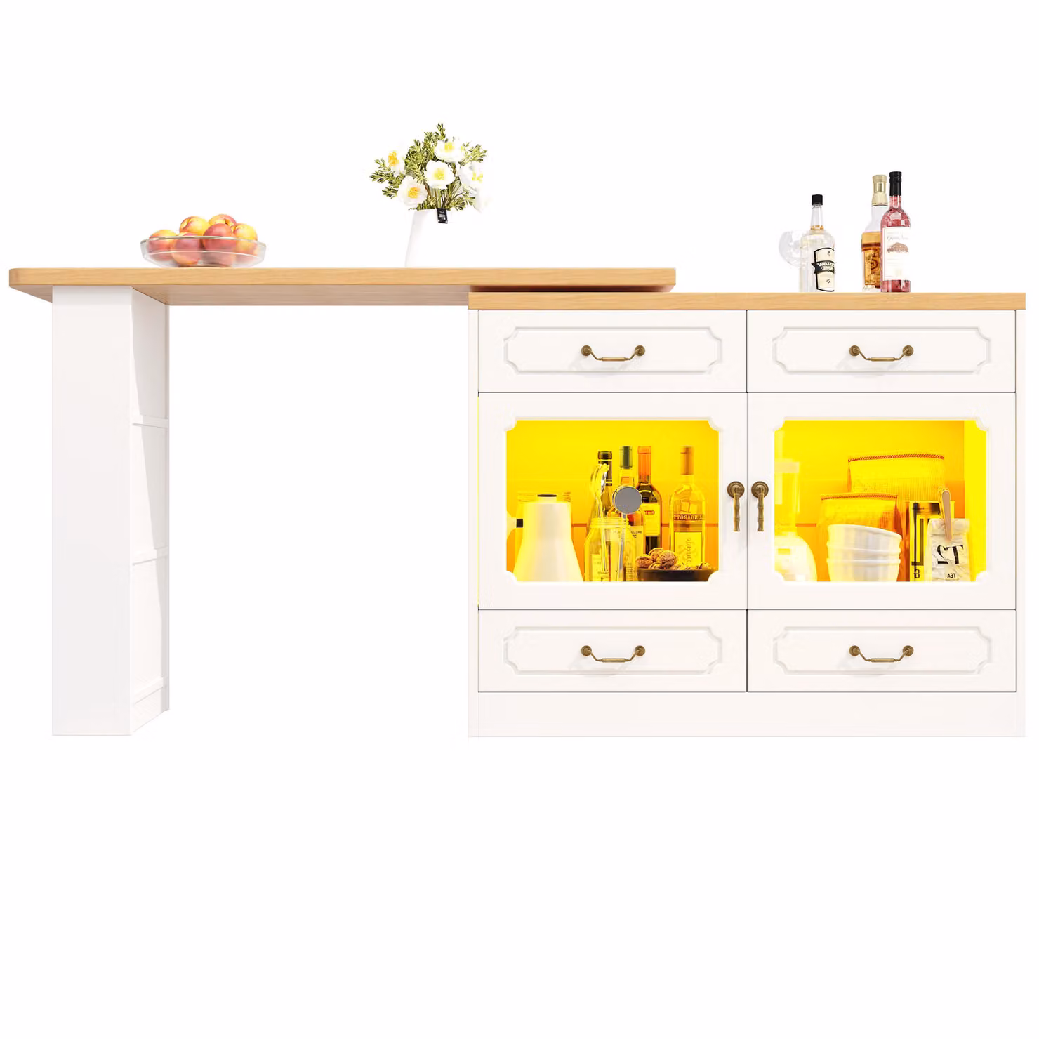 Aosom UK 360 Degree Rotating Extendable Kitchen Island Bar Table with App-Controlled LED Lights, Music Sync and 4 Drawers, White, W: 135 cm, D: 39 cm, H: 93 cm – 2