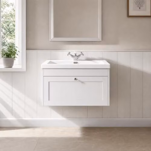 Balterley Wall Hung Single Drawer Vanity Unit with Rectangular Basin and Tap Hole in White, W/D/H: 80.0 x 45.3 x 43.1 cm – 2