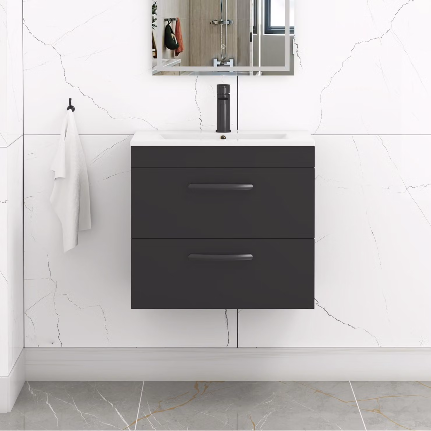 Royal Bathrooms Turin 600mm Wall Hung Vanity Unit in Matt Black with 2 Drawers and Minimalist Basin
