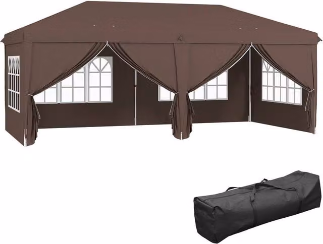 Outsunny Brown Pop-Up Gazebo with Curtain Walls and Windows, W: 600 cm, D: 300 cm, H: 205 cm