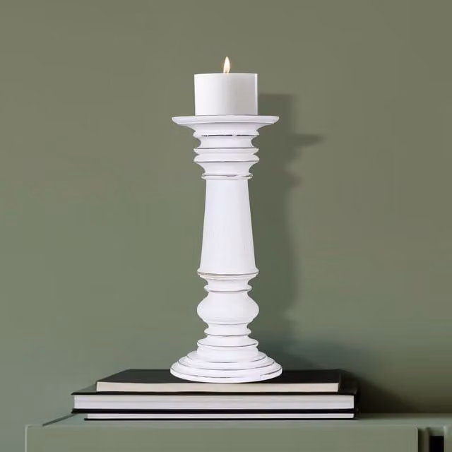 Topfurnishing Rustic Antique Carved Wooden Pillar Candle Holder, White, Height: 13 cm