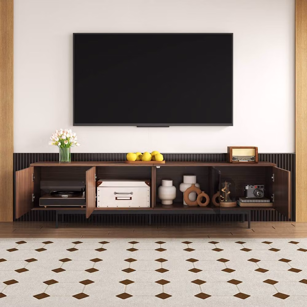 Rolipo Modern TV Cabinet in Brown and Black with Tempered Glass Doors, Width: 200 cm – 4