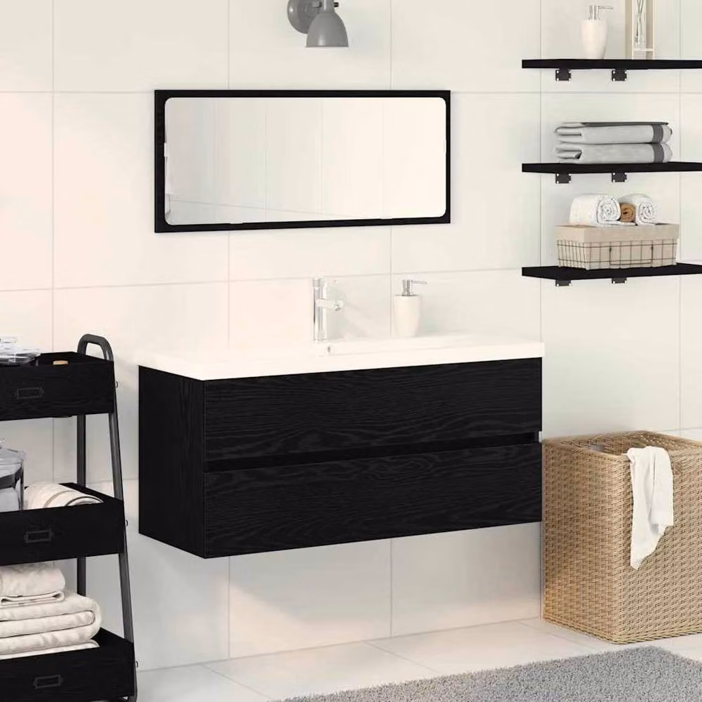 Berkfield Home Black Oak Sink Cabinet with Built-in Basin in Matt Engineered Wood – 2
