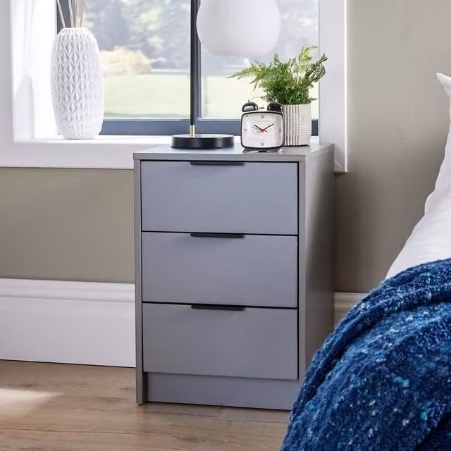Home Source Phoenix 3 Drawer Bedside Nightstand and Side Table in Grey and Silver – 1