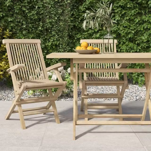 Berkfield Home Set of 2 Folding Garden Chairs in Grey and Brown Solid Teak Wood, W: 56 cm, D: 61 cm, H: 89 cm – 1