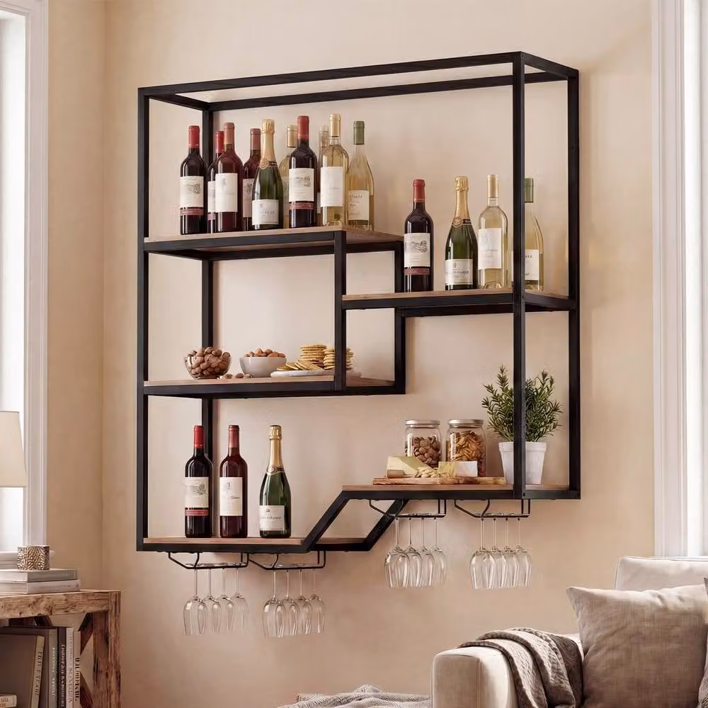 Costway 5-Tier Wall Mounted Industrial Wine Display Shelf with Glass Holders in Brown – 7