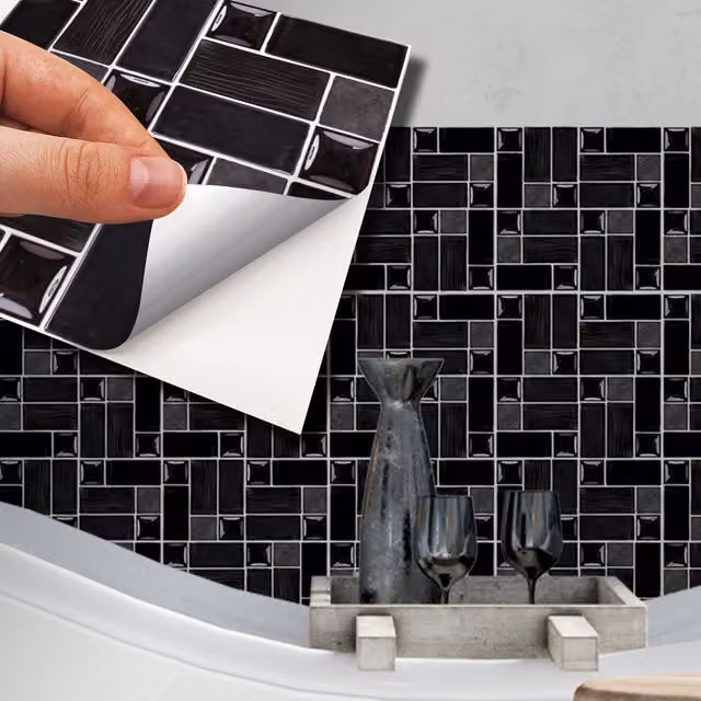 Walplus Geometric Square Adhesive Wall Tile Stickers in Black and Grey, 24 Pack, W: 15 cm, H: 15 cm, D: 15 cm