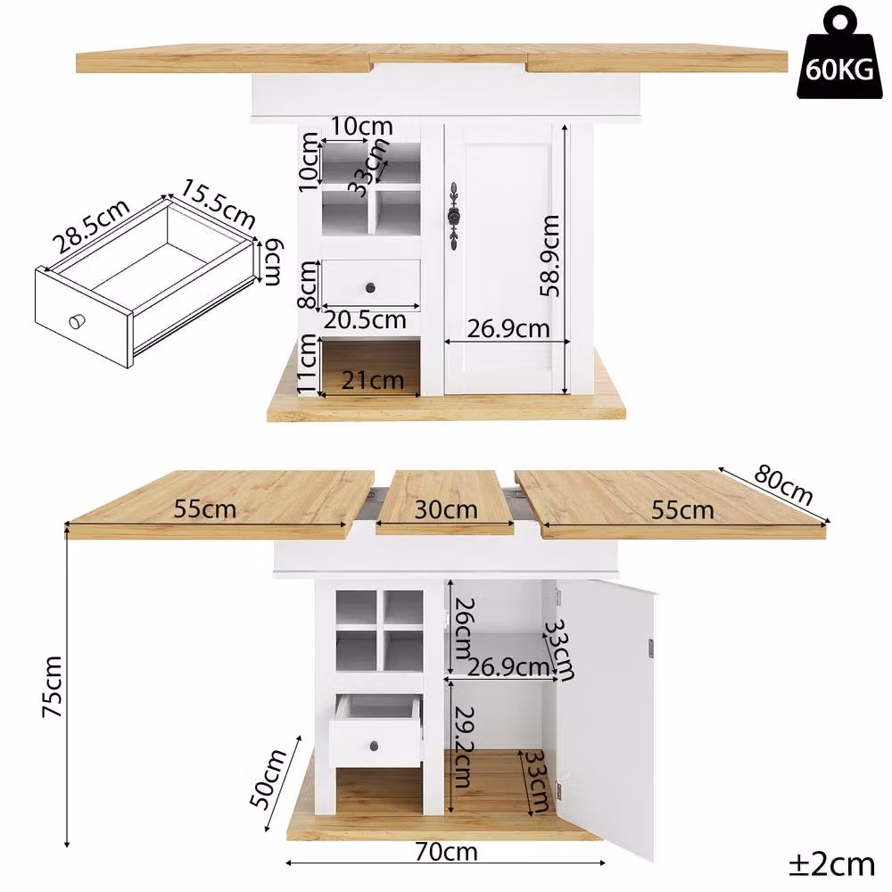 BTM Extendable White Dining Table with Wine Rack and Drawers, W/D/H: 110 x 80 x 75 cm – 4