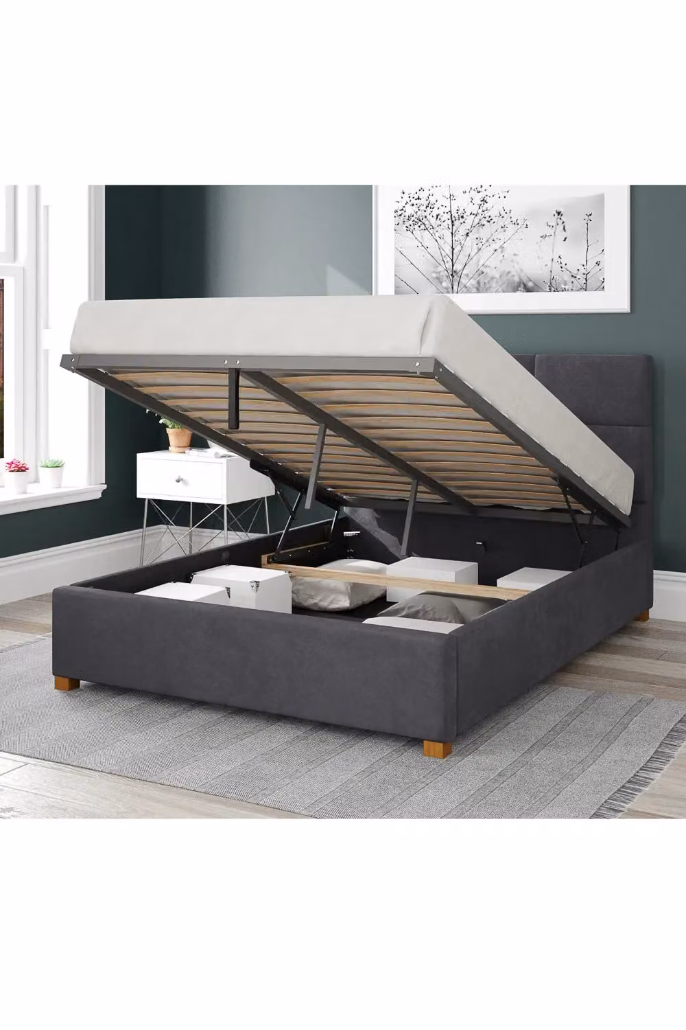 Aspire Caine Upholstered Ottoman Storage Bed in Grey Plush Velvet, Super King, W/D/H: 200 x 200 cm – 2