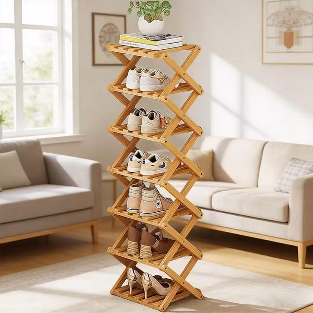 FORGEVIO 7 Tier Vertical Bamboo Folding Shoe Rack Storage Organizer in Brown