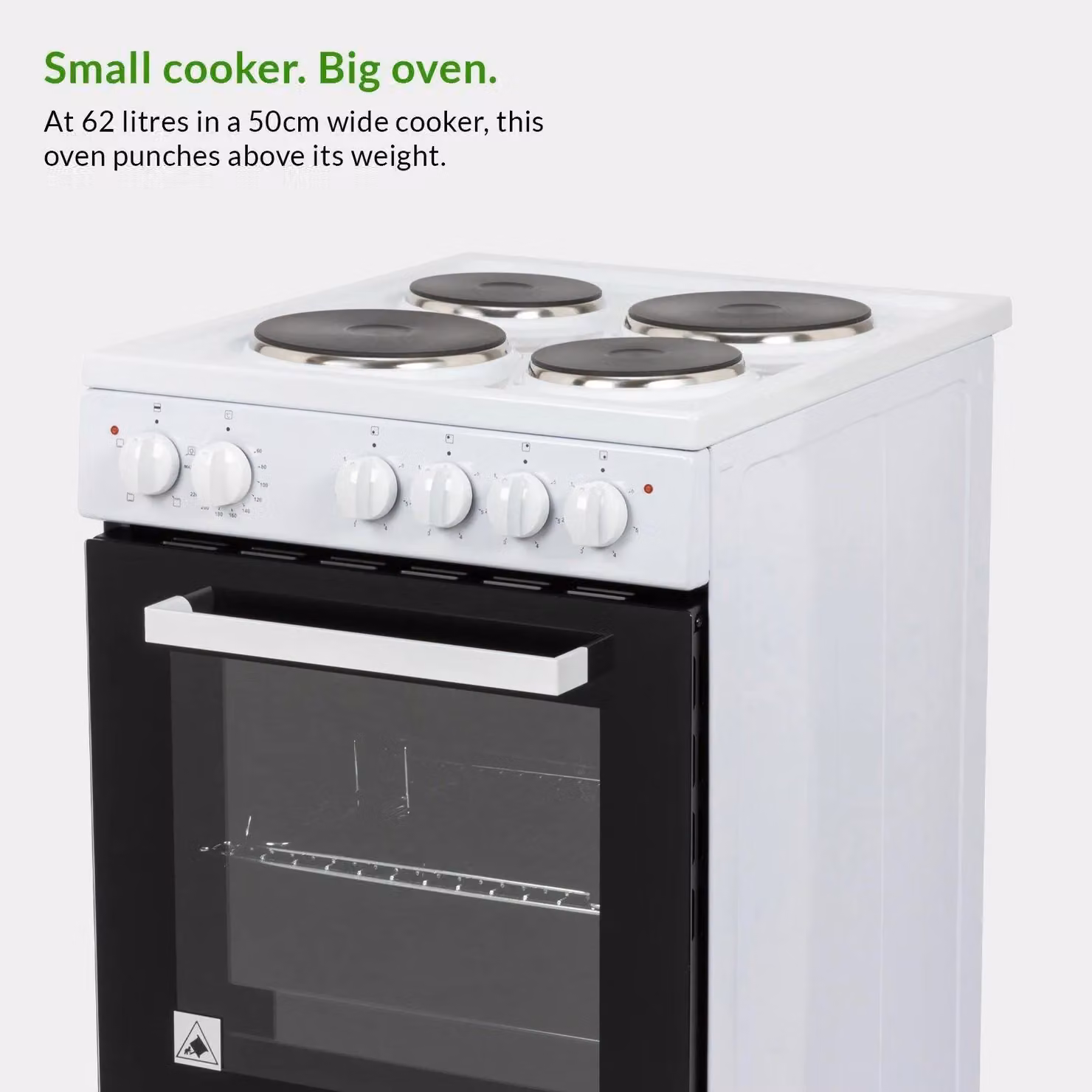 Willow WE50SSW 62L Freestanding Electric Single Cavity Cooker with Solid 4 Zone Plate Hob and Grill, White, W: 50 cm, H: 90 cm, D: 60 cm – 2
