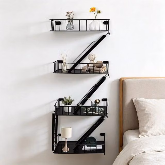 Havendro 4 Tier NYC Fire Escape Industrial Wall Mounted Floating Display Shelf in Matt Black Metal