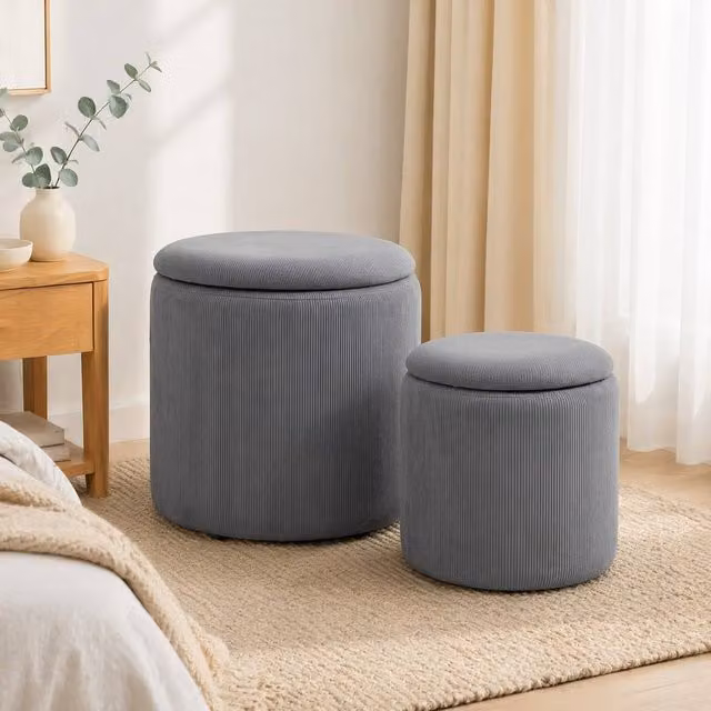 STILVORA Set of 2 Grey Corduroy Upholstered Cylindrical Storage Ottomans – 1