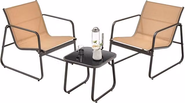 Gymax 3 Piece Brown Metal Patio Conversation Set with Tempered Glass Table and Textilene Armchairs – 1