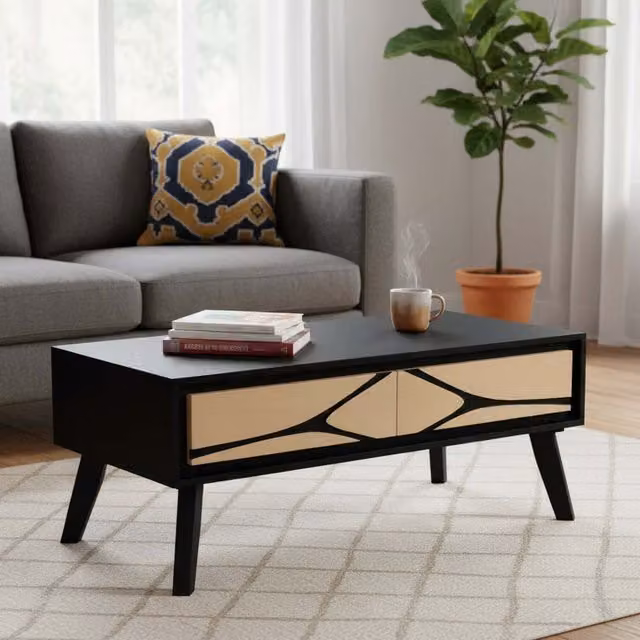 IH Design Dusk Mango Wood Coffee Table with Storage in Black and Orange