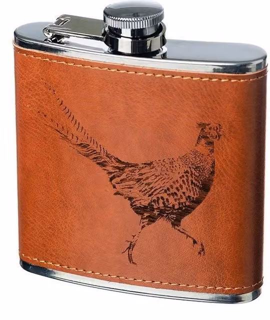 Selbrae House Brown Leather Hip Flask with Pheasant Design – 1