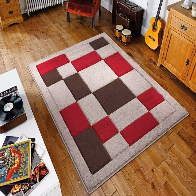 Havana Hand Carved Thick Rectangular Area Rug in Beige and Red, 150 cm