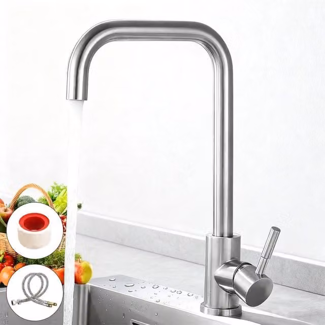 Ventryn Modern Kitchen Faucet with Swivel Spout in Brushed Steel Silver, W/D/H: 33.0 x 20.5 x 33.0 cm