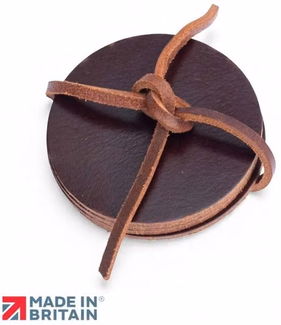 PRIMEHIDE Set of Four Round Leather Coasters in Brown