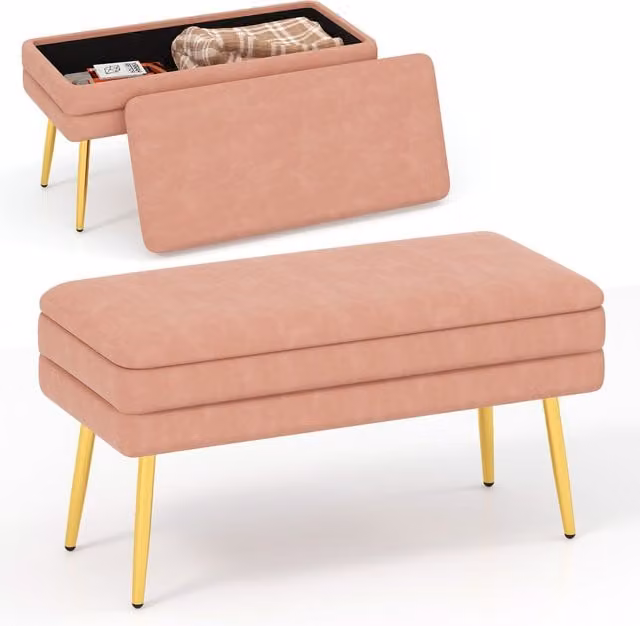 Costway Modern Velvet Upholstered Storage Bench in Pink with Metal Legs