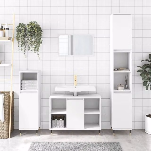 Berkfield Home 3 Piece Modern White Matt Bathroom Furniture Set with Vanity Unit and Freestanding Storage