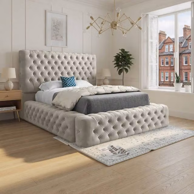 KDMD Lockerbie Pleated Upholstered Designer Bed Frame in Beige, W/D/H: 180 x 137 x 201 cm – 1