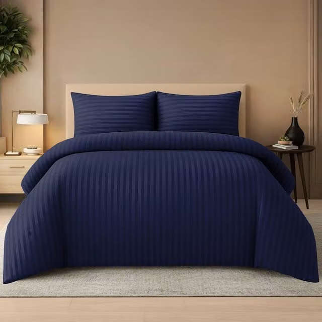 Lazzaro Home Premium Brushed Microfibre Embossed Striped Reversible Duvet Cover and Pillowcase Set, Blue, W/H: 135 x 200 cm, Pillowcase: 90 x 190 cm – 1
