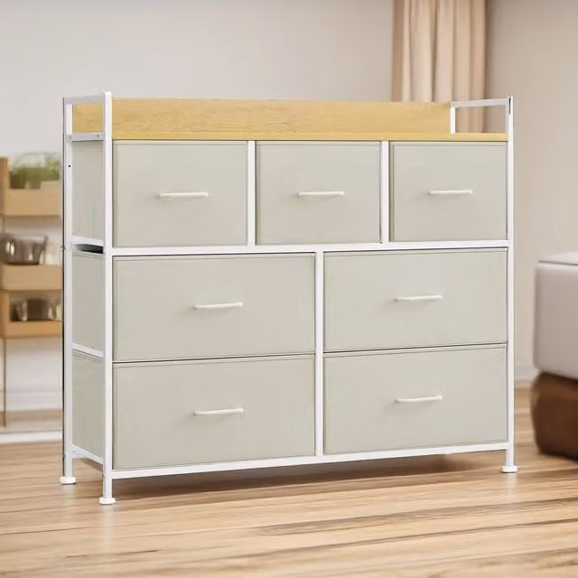 Furnold Industrial Bedroom Chest with 7 Fabric Drawers in Cream and Beige