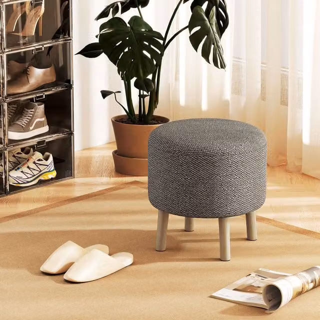 HOMCOM Round Storage Ottoman Stool with Cushioned Top in Light Grey – 1