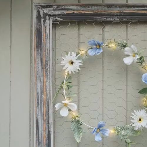 Lights4fun Pre Lit Blue Bloom Wreath and Garland Bundle in Blue, White and Silver – 3
