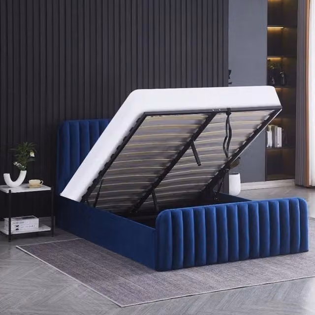 Kosy Koala Blue Velvet Upholstered Ottoman Gas Lift Storage Bed with Mattress, W/D/H: 140 x 200 cm
